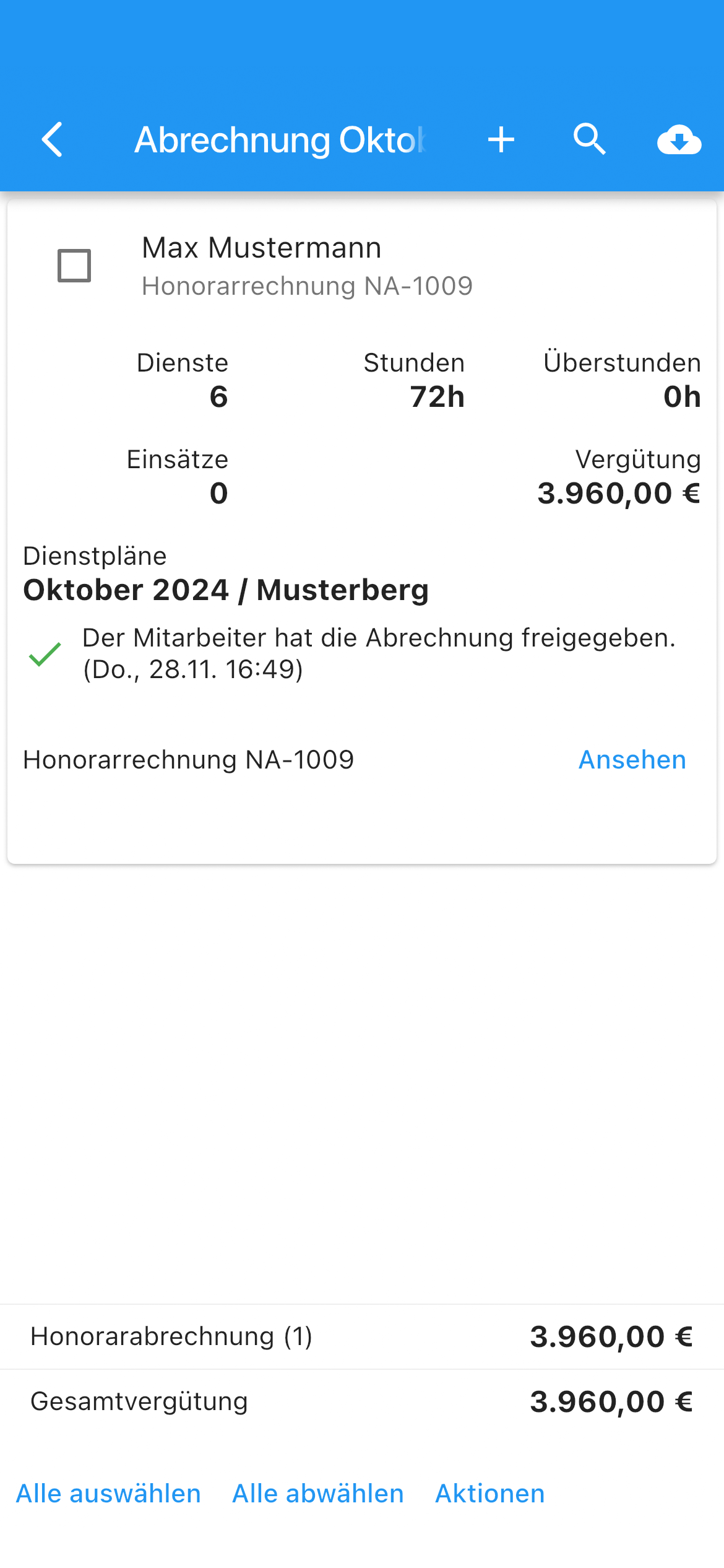 Abrechnung Screenshot aus der App